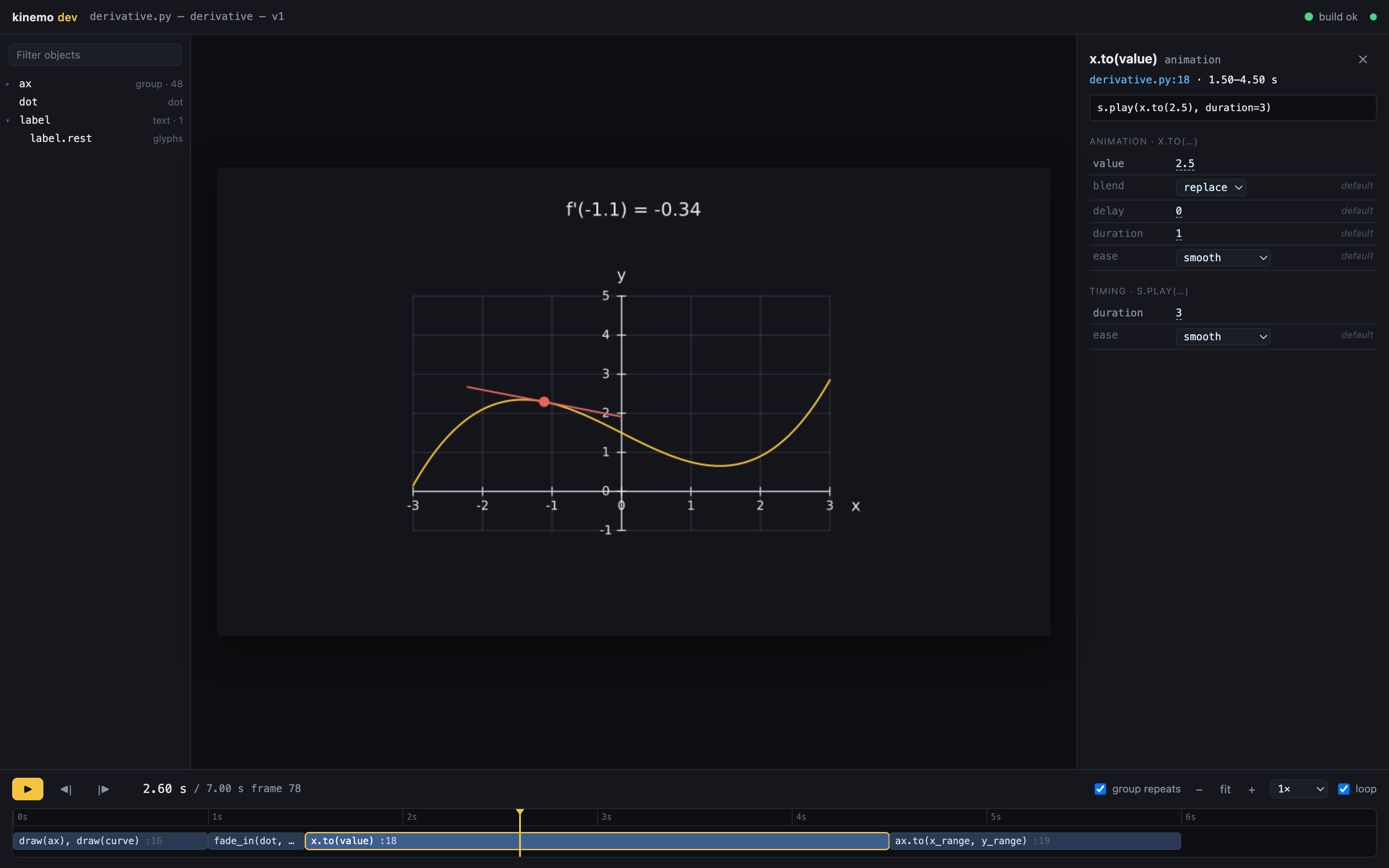 The preview with a timeline bar selected: the inspector shows the code of the play call, the arguments of the animation and of the play call, each editable.